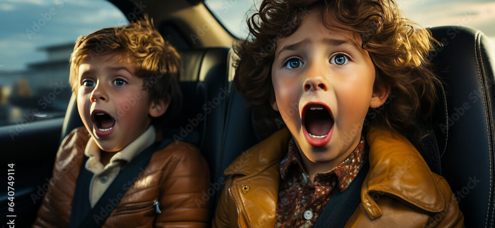 Unbearably loud child screaming in backseat, sibling covering ears. Perfect for family road trip narratives, exploring childhood dynamics and expressions of frustration.