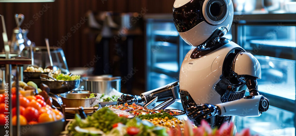 At a Michelin-starred restaurant, an advanced robot chef demonstrates his culinary prowess at a carefully curated vegetarian buffet set against an unusual backdrop. New technologies.
