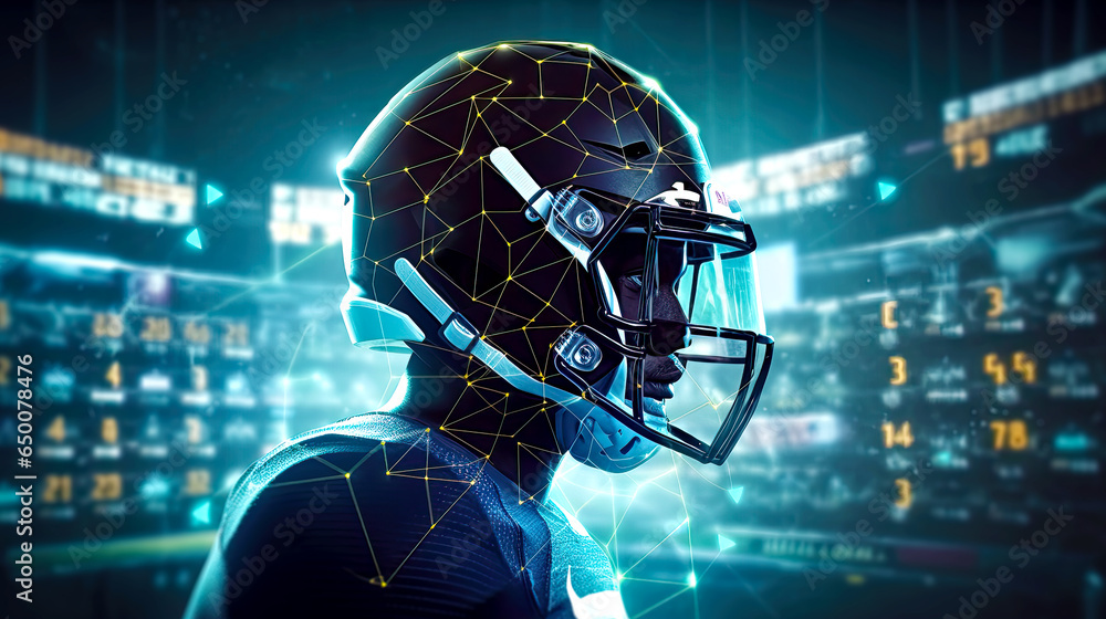 Powered American football player with analytics graphic over his helmet. Postproducted generative AI illustration.