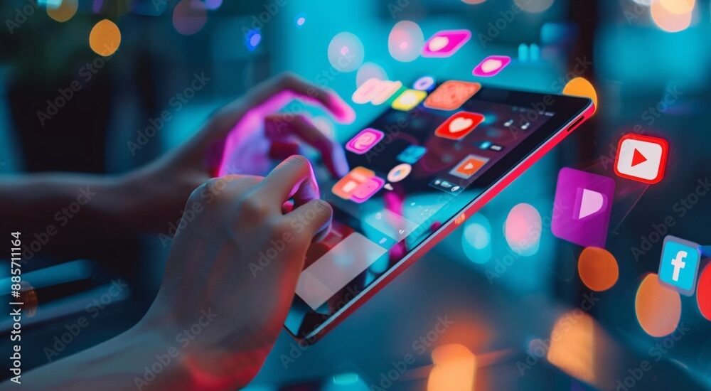 Using a tablet computer, an advertising manager reviews a social media campaign, monitoring engagement and analyzing its reach.