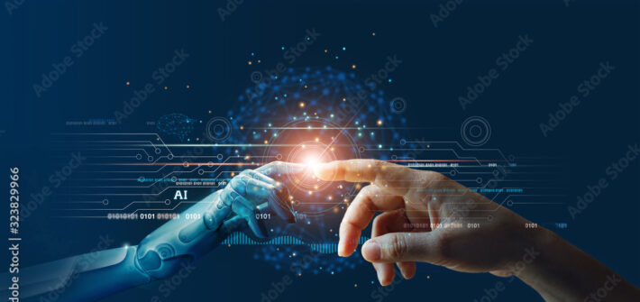 AI, Machine learning, Hands of robot and human touching on big data network connection background, Science and artificial intelligence technology, innovation and futuristic.