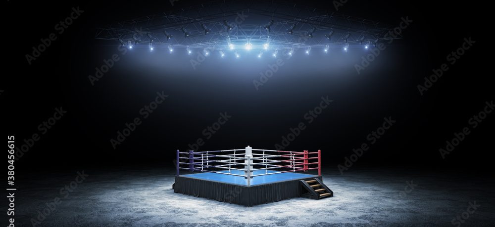 3D boxer arena. Isolated empty boxing ring with light. 3D rendering. Boxing ring with illuminated spotlights