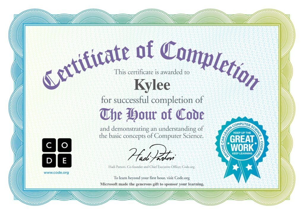 certificate of completion from Hour of Code website