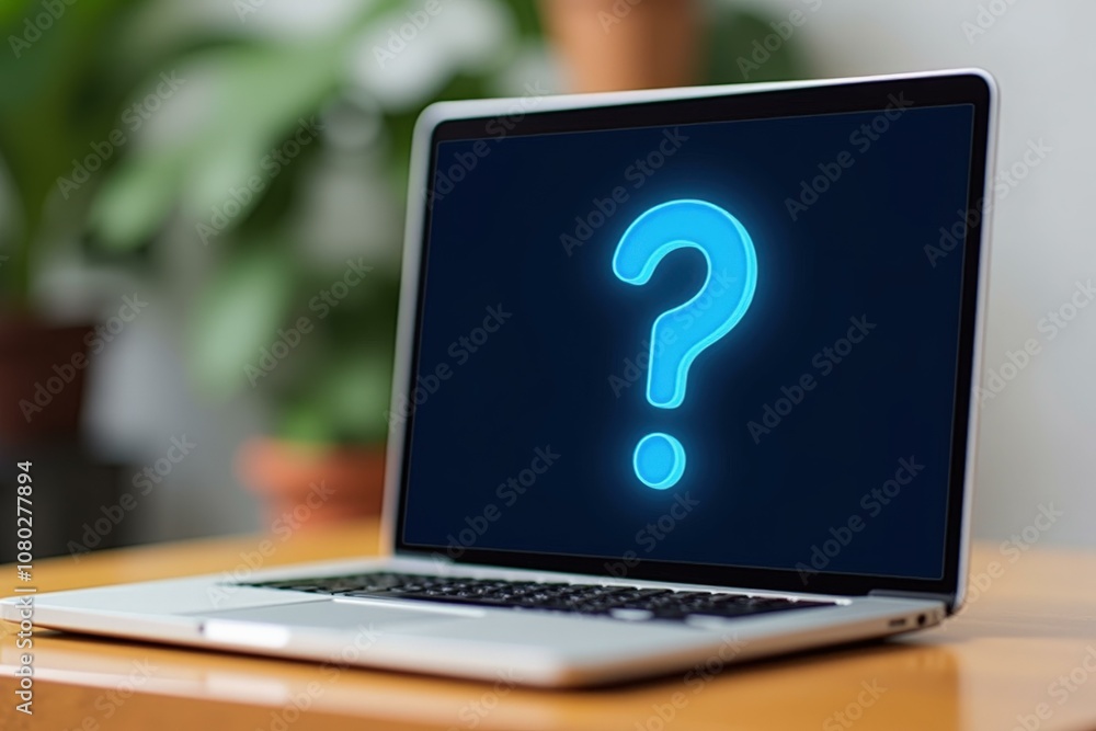 Modern Laptop Displaying Blue Question Mark, Ideal for Tech Blogging, Social Media, and Digital Marketing